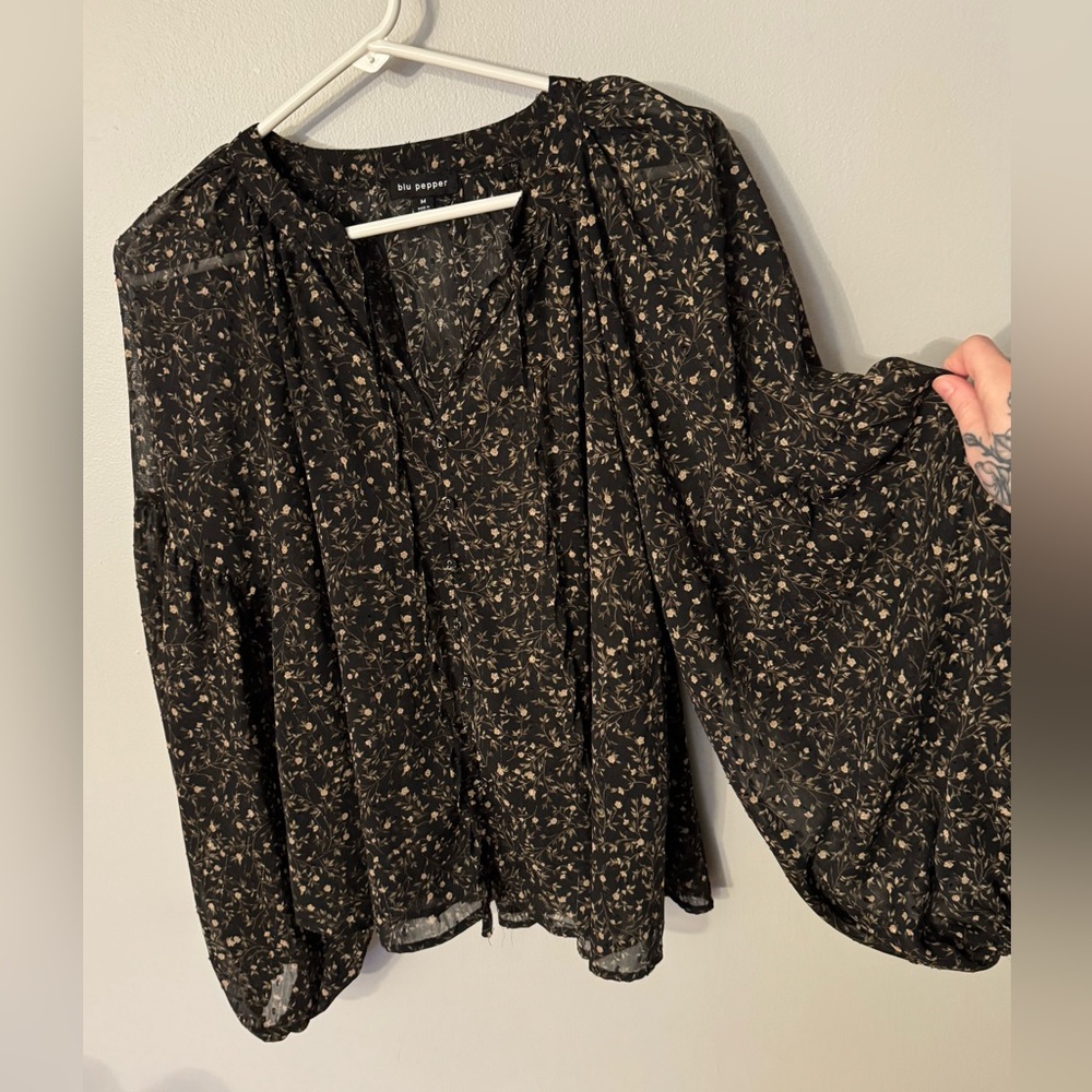 Sheer v neck flowered blouse